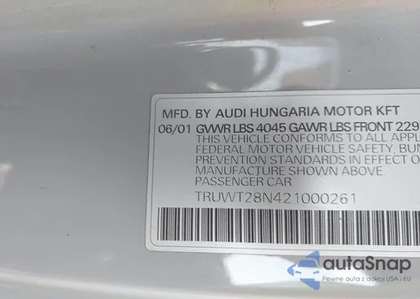 2002 Audi Tt 1.8L/Alms Commemorative Edition z USA, uszkodzony, nr VIN TRUWT28N421000261
